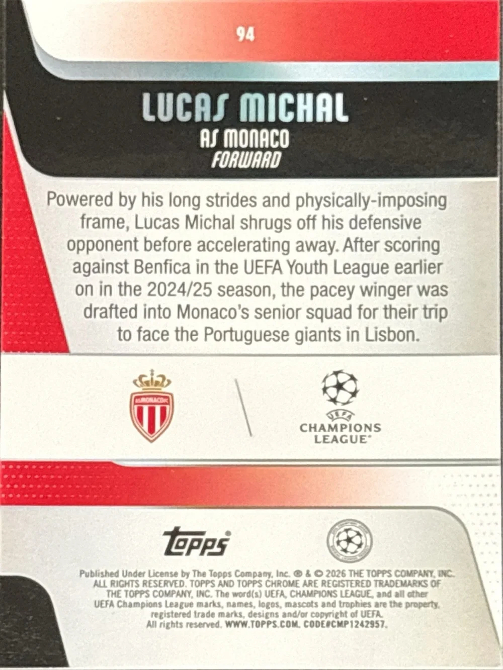 Topps Chrome Lucas Michal Soccer Trading Card